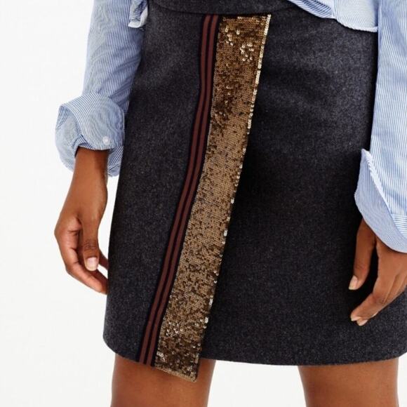 J. Crew gray wool blend faux wrap sequined mini skirt holiday back zip size 00 - Picture 2 of 9